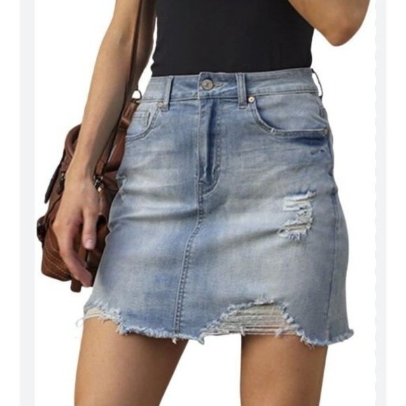 Gobles Dresses & Skirts - Gobles Denim Mini Skirt Light Wash Distressed Raw Hem High Rise Size Large